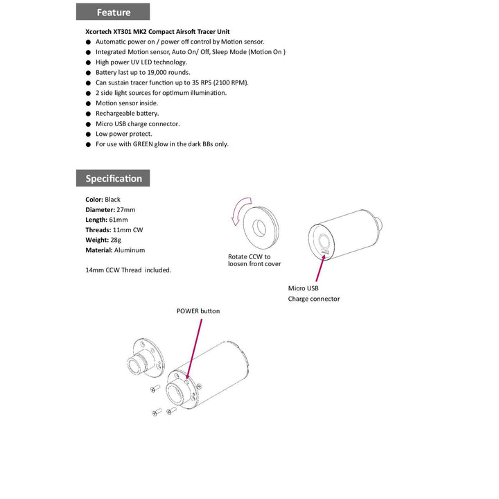 XCORTECH XT301 MK2 TRACER HANGTOMPÍTÓ - RÖVID - PIROS TRACER BB-HEZ